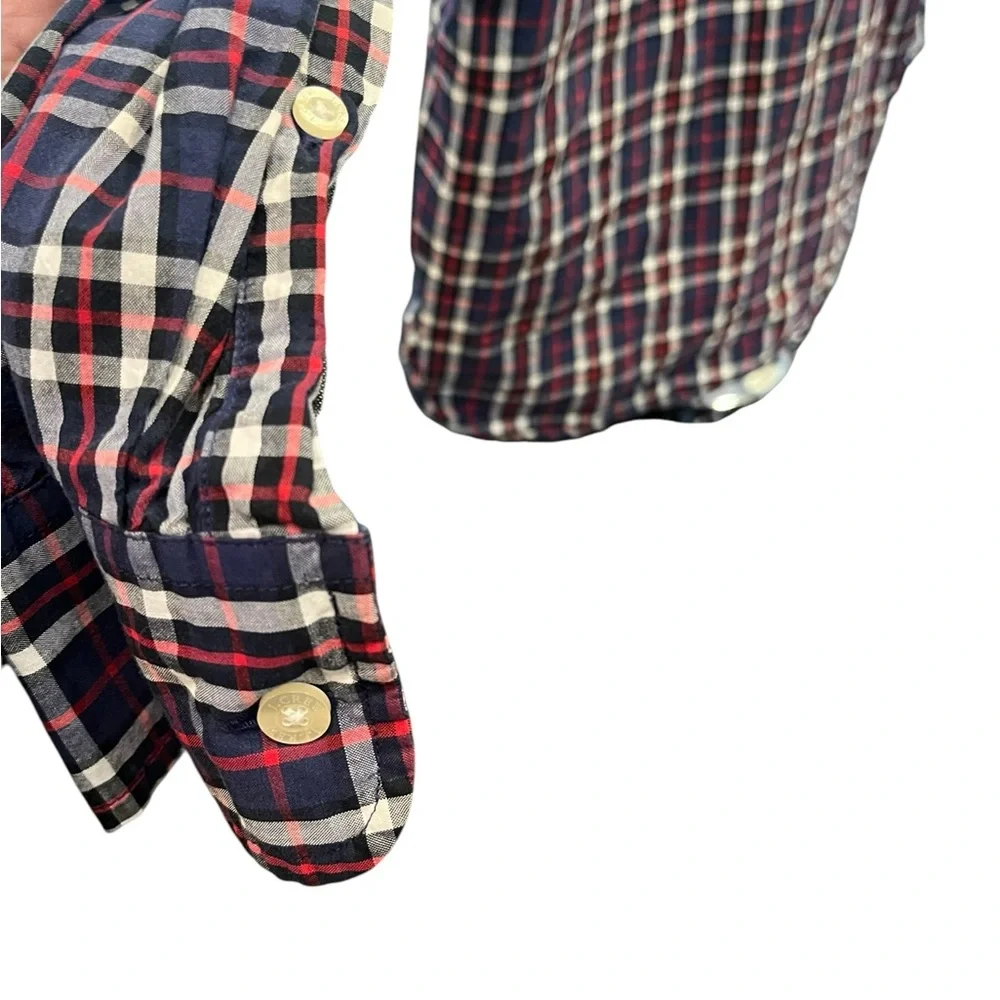 J Crew Button‎ Down Shirt Navy Blue Red Plaid Slim Fit Mens Size Large